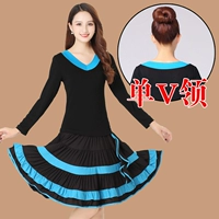 Одиночный V -neck с длинным рукавом черный топ+озеро Blue Big Birt