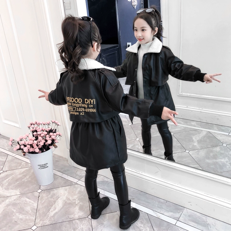Áo khoác da bé gái mùa thu đông 2019 trẻ em mới cộng với áo khoác nhung cho bé gái mùa đông dày dặn - Áo khoác