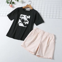 Giản dị phù hợp với nữ in ngắn tay T-Shirt + đàn hồi eo quần short chân rộng quần short mùa hè hai mảnh đặt 7C447 đồ bộ