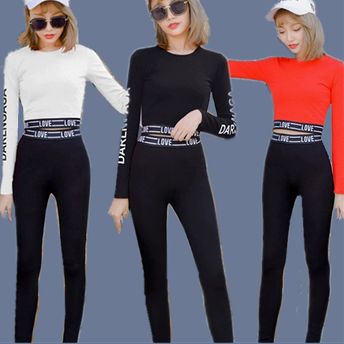 Лонгслив с буквами, одежда для йоги, демисезонный хлопковый комплект для спортзала, высокая талия