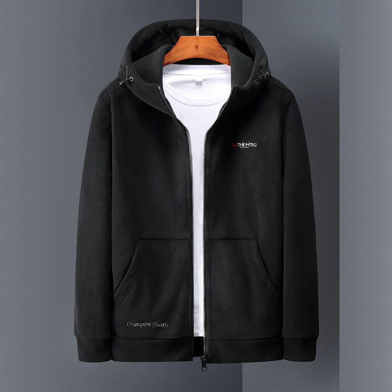 Fleece jacket for men, hooded jacket, thickened fleece zipper sweatshirt for autumn and winter, outdoor casual loose jacket for men