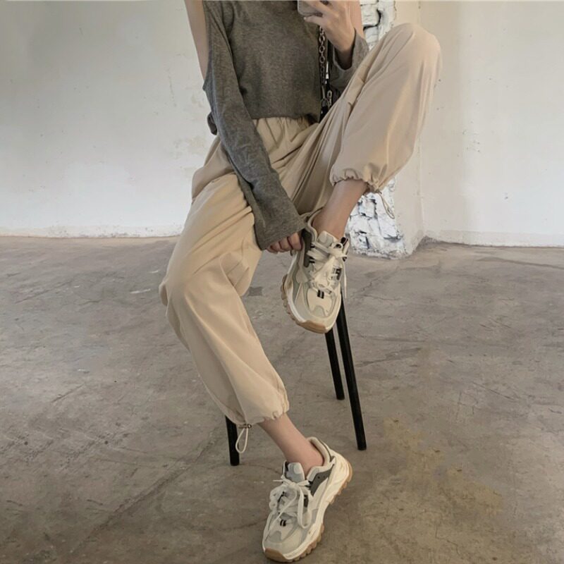 Sanmu Zi Fast Fashion Women's Wear ~ Apricot-colored versatile tight-fitting casual pants, Korean-style high-waisted slimming workwear pants, sportswear pants