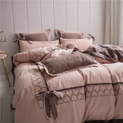 Mùa thu và mùa đông tình yêu thêu 60 bông dài chủ yếu chà nhám bốn mảnh màu cà phê phù hợp với bộ đồ giường dễ thương - Bộ đồ giường bốn mảnh