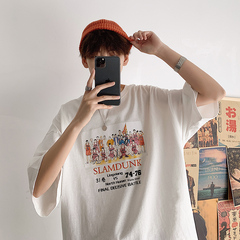 Summer 2020 new loose white print five sleeve t-shirt men's Hong Kong Style half sleeve T-shirt with short sleeve trend