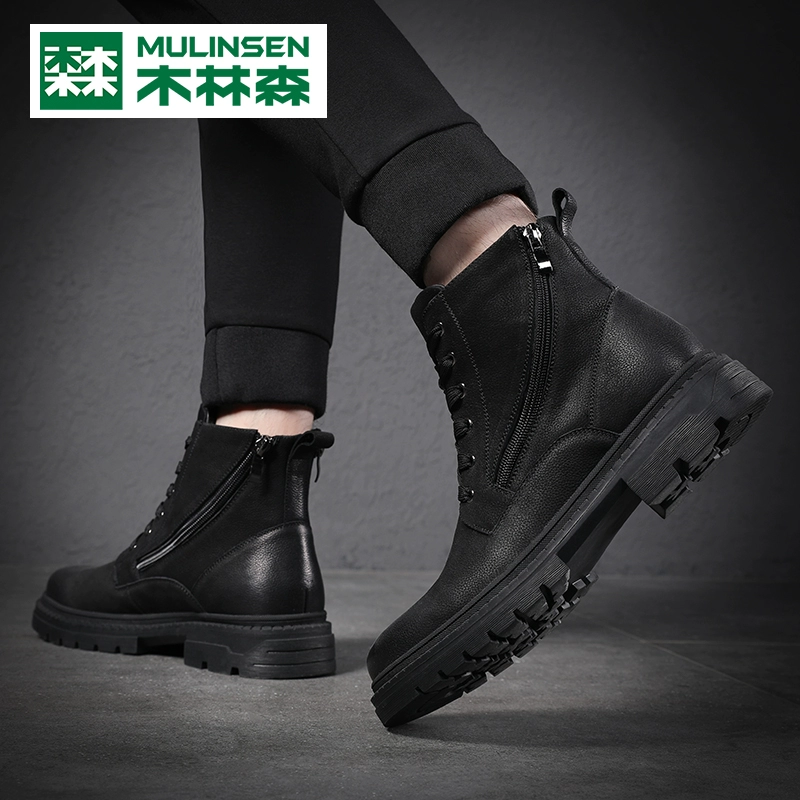 Mulinsen Martin ủng nam mùa đông cao cấp dây kéo dụng cụ da cao cổ trong giày da ống xu hướng giày quân đội giản dị - Giày ống