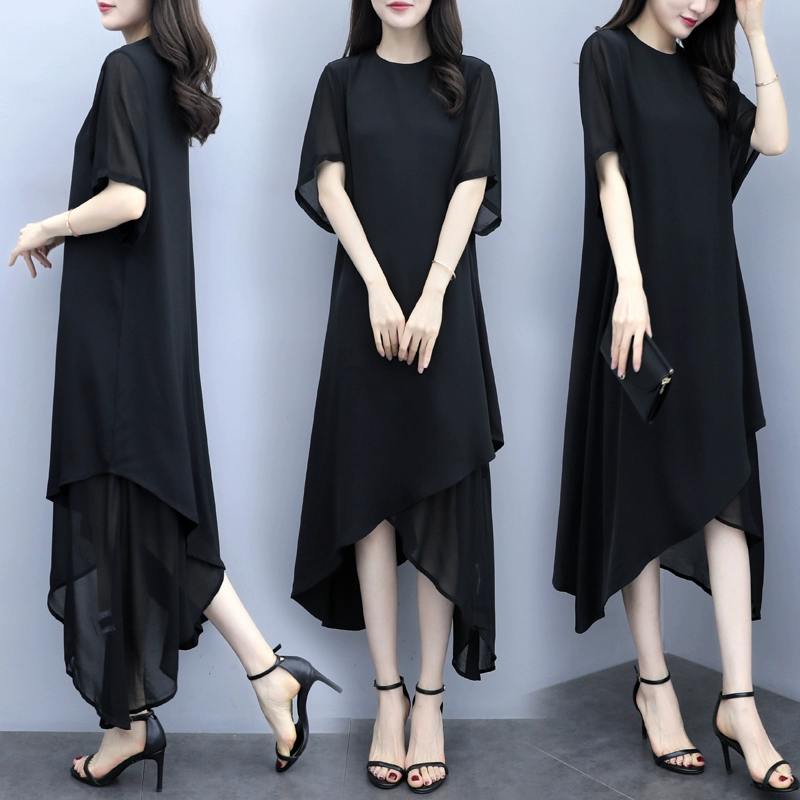 Phụ nữ mới của mùa hè năm 2021 cộng với kích thước váy dài nữ màu đen mỏng voan mỏng eo thon váy dài tay ngắn - Váy dài