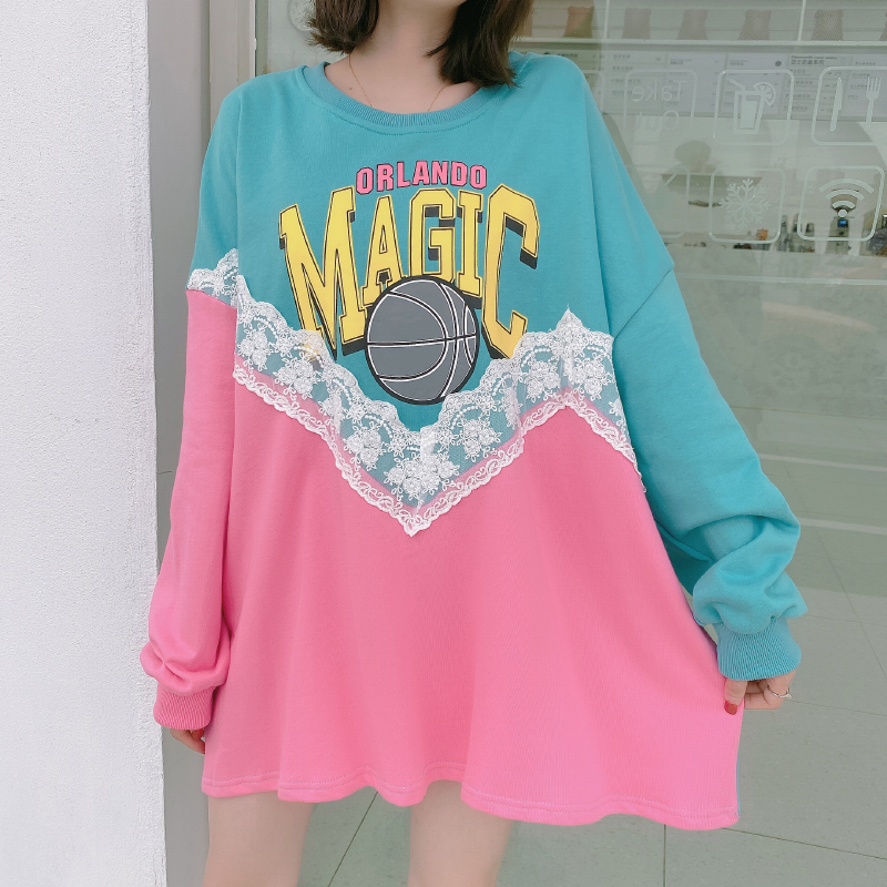 Bluethe republic of korea Dongdaemun Medium and long term Sweater female autumn Lace stitching Color contrast easy Big size Long sleeve jacket tide ins