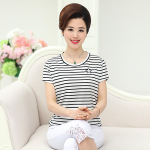 Đặc biệt hàng ngày phụ nữ trung niên của mùa hè ngắn tay T-Shirt kích thước lớn mẹ ăn mặc mùa hè t-shirt loose sọc áo sơ mi