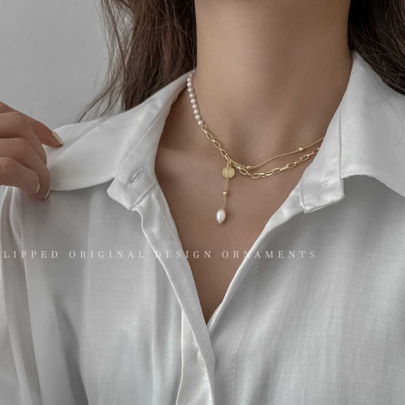Gold Asymmetrical Freshwater Pearl Figure Coin Necklace
