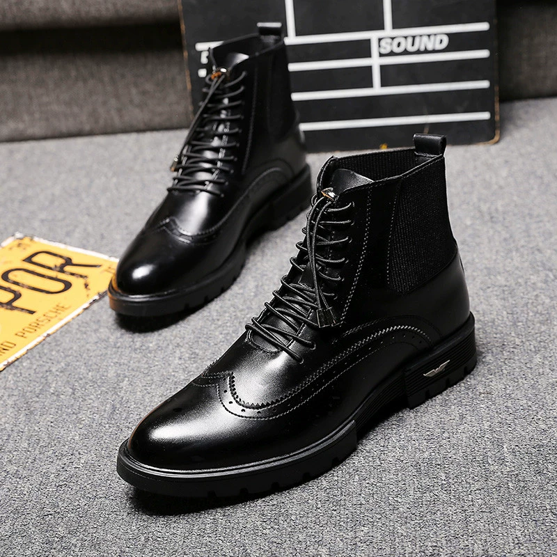 Giày đế xuồng màu đen nam Martin mùa thu hoang dã dày đáy phiên bản Hàn Quốc của phong cách Anh tăng cường giúp giày cao gót nam - Giày ống
