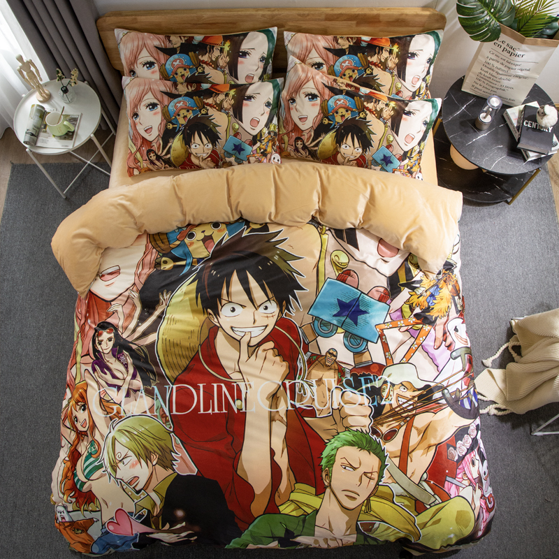 Handsome LuffyCartoon comic Naruto sheet Four piece suit Yu Zhibo Weasel Quilt cover sheet dormitory Three piece set thickening keep warm