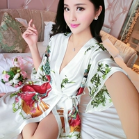 Mùa hè ngắn tay đồ ngủ lụa của phụ nữ sexy áo ngủ một mảnh nightdress cổ điển kimono ren áo choàng tắm đẹp dịch vụ nhà bộ pijama lụa