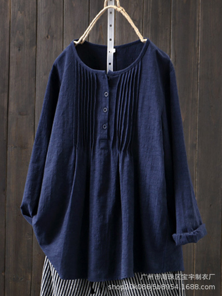 NavyEuropean style fashion shirt female autumn Cotton and hemp new pattern Best Sellers Solid color Versatile Long sleeve shirt