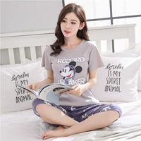 Quần crop top mùa hè đồ ngủ nữ cotton ngắn tay ngắn lỏng dễ thương mùa hè hai mảnh phục vụ nhà phù hợp với mùa hè đồ mặc nhà cao cấp