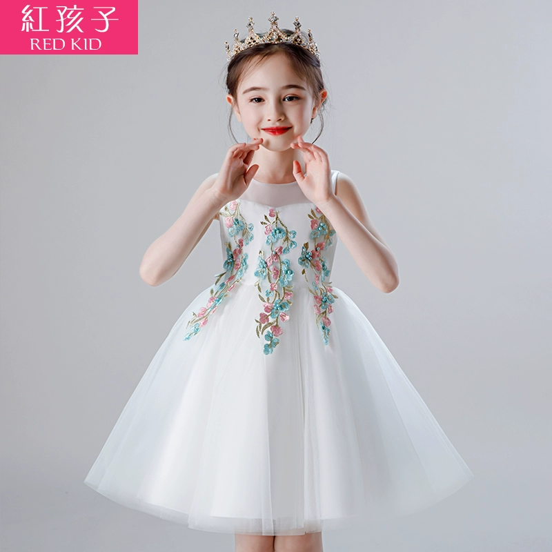Cô gái công chúa váy trẻ em trang phục piano nhỏ chủ nhà pompon váy trắng gạc mùa hè cô gái nhỏ - Váy trẻ em