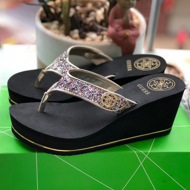 Black Brightenerforeign trade Thick bottom flip flops female summer fashion increase 7.5cm Clamping foot slipper Wear out rhinestone seaside sandy beach Sandals