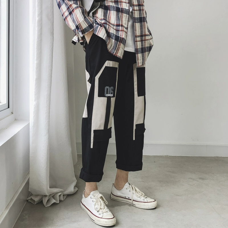 Guochao in overalls quần nam thủy tinh thương hiệu nhiều túi quần harem giản dị 9 điểm quần thẳng chic xu hướng phong cách Hàn Quốc - Crop Jeans