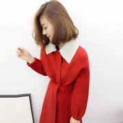 Quần áo châu Âu 2019 quần áo thu đông mới Hàng hóa châu Âu phiên bản Hàn Quốc của phần dài màu đỏ buộc áo khoác len áo khoác nữ - Áo Hàn Quốc