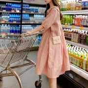 Váy bà bầu mùa hè cotton và vải lanh Phiên bản Hàn Quốc dài đoạn rộng kích thước lớn cổ áo búp bê thông minh hút thuốc màu hồng platycodon váy bà bầu - Áo thai sản