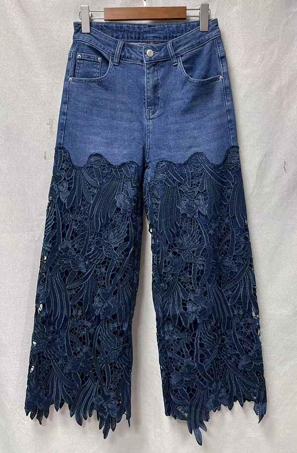 Spring and autumn women's high-waisted stretch patchwork embroidered straight-leg wide-leg denim trousers