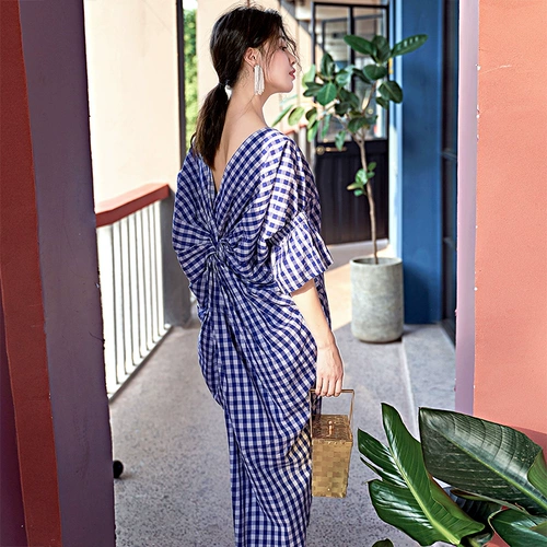 Синее цветное длинное платье, летняя юбка, элегантный ремень, с открытой спиной, свободный крой, французский стиль, V-образный вырез