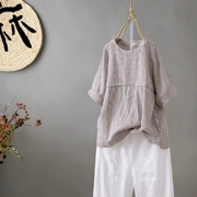 Mùa hè 2019 mới văn học retro cotton và vải lanh ngắn tay áo thun nữ giản dị sọc ngang cổ tròn áo thun - Áo phông
