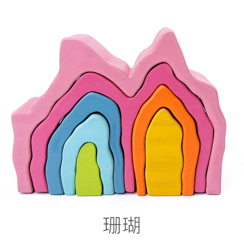 Pine CoralRainbow Series weather scene build Solid wood Building blocks granule Toys Frosted ball Forest Tree  house Coral