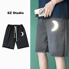 Summer knee short men's elastic waist pants youth tether casual pants women's reflective moon straight tube black pants