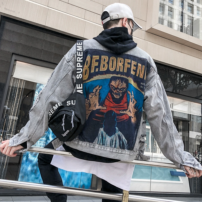 Mùa xuân và mùa thu lỗ lỏng hip-hop dụng cụ áo khoác ulzzang graffiti châu Âu và Mỹ cộng với kích thước áo khoác denim nam - Cực lớn