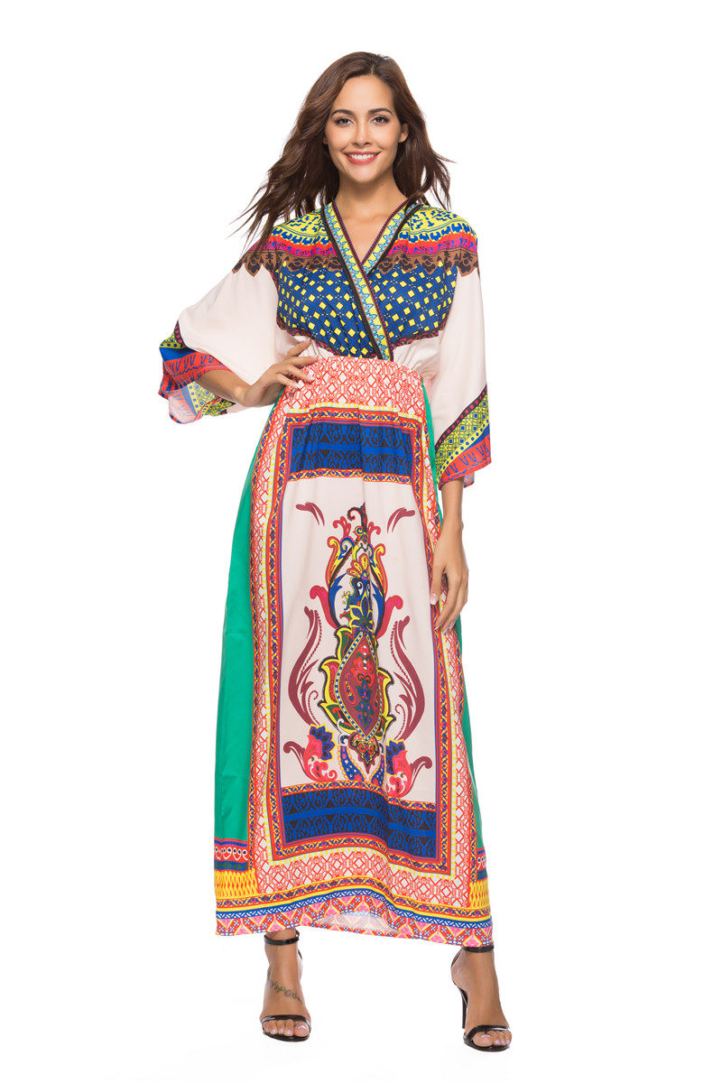 8013#泰国波西米亚碎花民族风连衣裙马尔代夫沙滩裙海边度假长裙