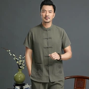 Bộ đồ bằng vải lanh Tang nam trung niên cha mùa hè cotton ngắn tay ngày xưa của cha - Trang phục dân tộc