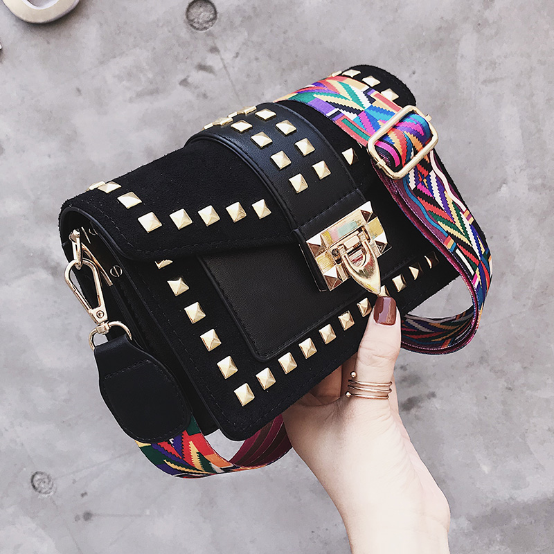 BlackYalaisi texture Flannel rivet Small ck Bag female 2020 new pattern tide fashion Satchel One shoulder Messenger Square bag