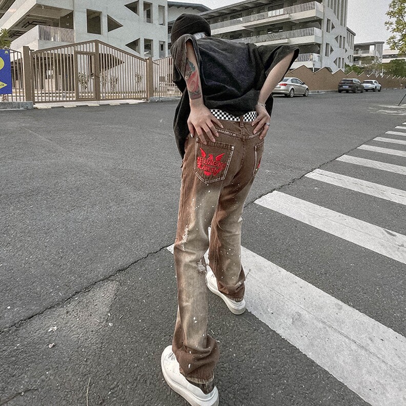 刺绣水洗磨破直筒牛仔裤男潮牌复古泼墨宽松高街做旧阔腿拖地长裤