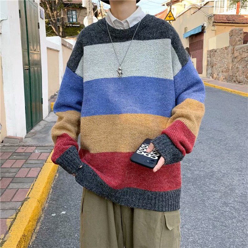 秋冬季复古拼色条纹毛衣男韩版潮流线衣外套慵懒风休闲宽松针织衫