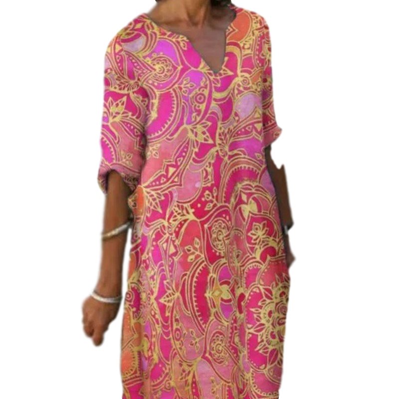 RedMulticolorprintdresslong-sleeveddressin