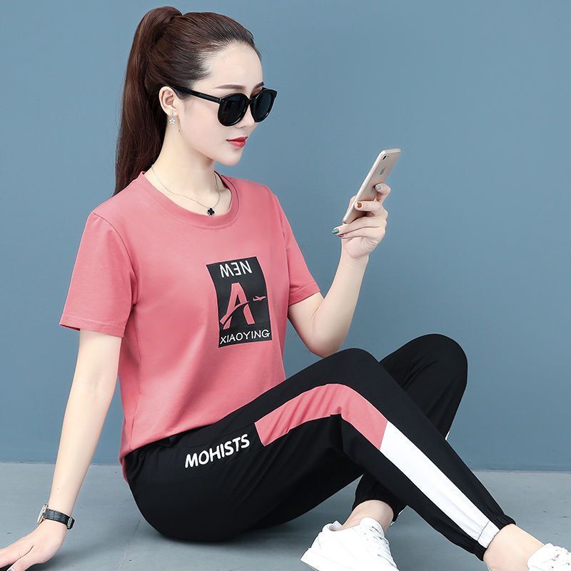 含棉运动套装女韩版夏季圆领跑步休闲服