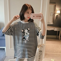 Bông phụ nữ mang thai mùa hè 2018 mới của Hàn Quốc phiên bản sọc phụ nữ mang thai ngắn tay T-Shirt ngắn lỏng cổ tròn phụ nữ mang thai áo sơ mi quần áo bà bầu công sở