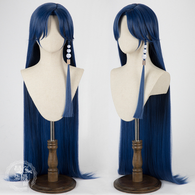 taobao agent [Manyu Temple Pavilion] Mirror Shuangcheng Youth Sumo COS wigs with hair decoration of spot ink blue long straight hair