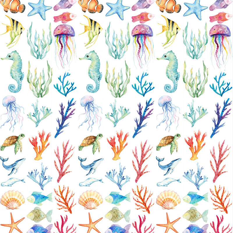 海洋动物海马贝壳海星鱼儿贝壳珊瑚场景手绘水彩剪贴插画PNG免扣