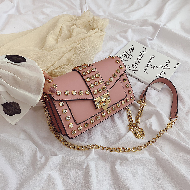 PinkShangxin Internet celebrity Advanced sense Inlaid diamond Small square bag female 2021 new pattern tide Korean version Versatile Chain package One shoulder Inclined shoulder bag