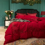 Đám cưới bốn mảnh cotton đỏ cao cấp thêu giường 60s cotton dài chủ yếu đám cưới châu Âu khăn trải giường chăn - Bộ đồ giường bốn mảnh