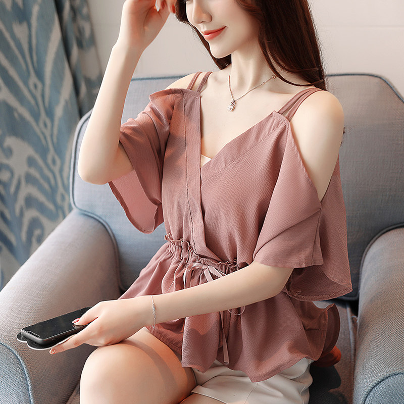 2018新款女夏装露肩v领洋气超仙显瘦小衫重工短袖心机上衣雪纺衫