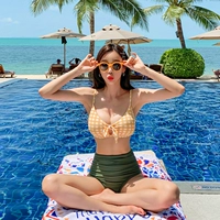 Lưới mới tập hợp size bikini bikini xanh đậm eo cao bảo thủ che bụng mỏng chia áo tắm nữ - Bikinis bộ đồ tắm biển nữ