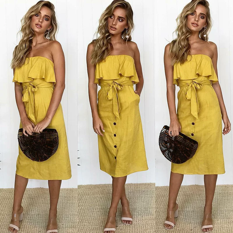 [women summer Strapless dress Женские платья]