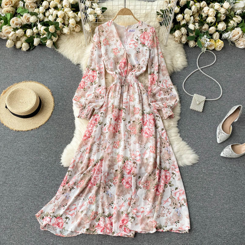 ApricotSeaside holiday Dress temperament Goddess clothes new pattern Hollow out Bareback Self cultivation have more cash than can be accounted for Broken flower Maxi dress tide