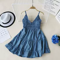 Châu âu và Hoa Kỳ kỳ nghỉ phong cách sexy ren khâu V-Cổ lớn backless bow cao eo tai gỗ đu lớn Một từ ăn mặc đầm xòe trễ vai voan