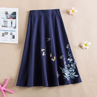 2019 phong cách quốc gia mới của phụ nữ nghệ thuật văn học cotton mỏng và váy lanh bướm thêu eo đàn hồi váy hoang dã - Váy chân váy bút chì dài