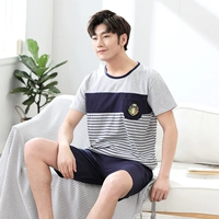 Mùa hè nam ngắn tay cotton đồ ngủ casual loose XL sọc cotton dịch vụ nhà của nam giới phù hợp với mặc bộ đồ