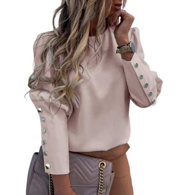 PinkPudcocoOfficeLadiesWomenBlousesWorkWearLongSleeveBa