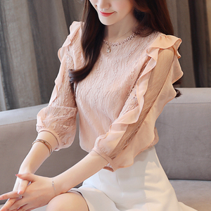 Ren voan áo sơ mi ngắn tay của phụ nữ quần áo 2018 làn sóng mới Hàn Quốc phiên bản của bảy- điểm tay áo của bầu không khí đáy áo mùa thu thủy triều